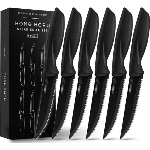 Home Hero - Steak Knives - Serrated Kitchen Steak Knives Set - Dishwasher Safe - 6 Pcs, Black Home Hero - Steak Knives - Serrated Kitchen Steak Knives Set - Dishwasher Safe - 6 Pcs, Black
